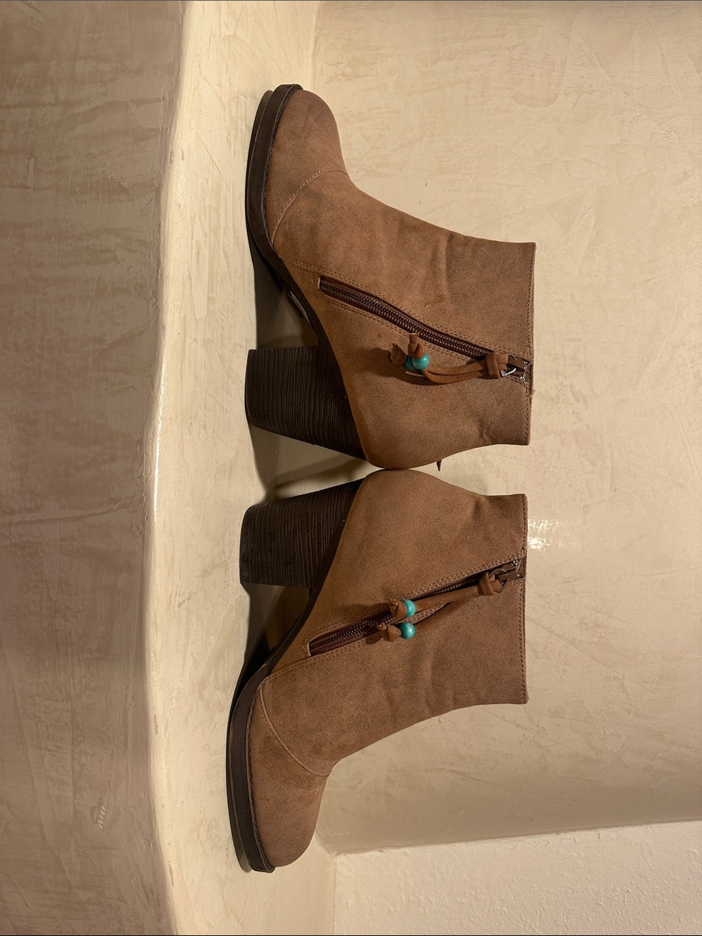 Ariat Brown Suede Ankle Booties with Turquoise Bead Detail. Fringe on side. 9.5